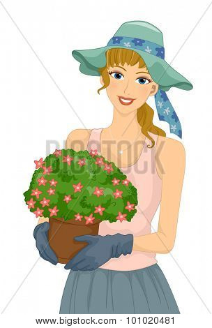Illustration of a Girl Carrying a a Flower Pot