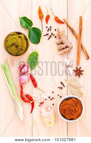 Assortment Of Thai Food Cooking Ingredients And Paste Of Thai Popular Food Red Curry And Green Curry