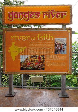 Varanasi, India - May 3, 2015. An information panel giving the history of the Ganges River in Varanasi India.