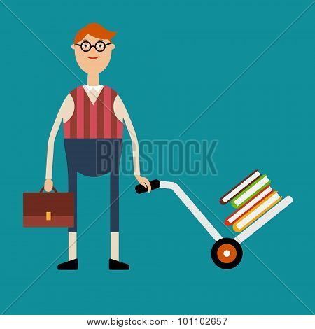 Student with glasses holding a briefcase and pushing a cart with