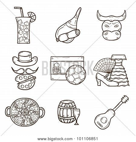 Set of cartoon drawn icons on Spain theme: flag, bull, ball, flamenco, guitar, jamon. Travel europe