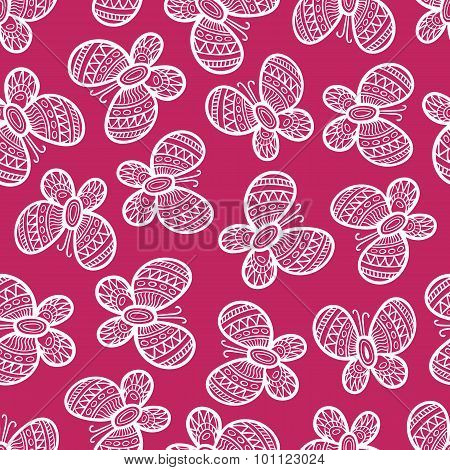 White Ornate Butterflies On The Pink Background. Beautiful Seamless Butterfly Pattern.