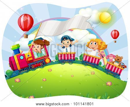 Children riding on train at daytime illustration