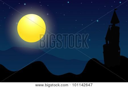 Silhouette scene of castle on fullmoon night illustration