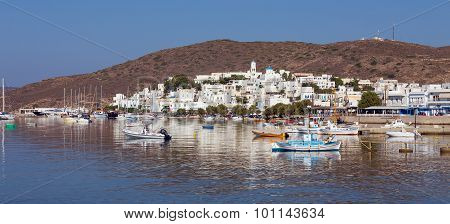 Panoramic view of Adamantas village, Milos island, Cyclades, Greece