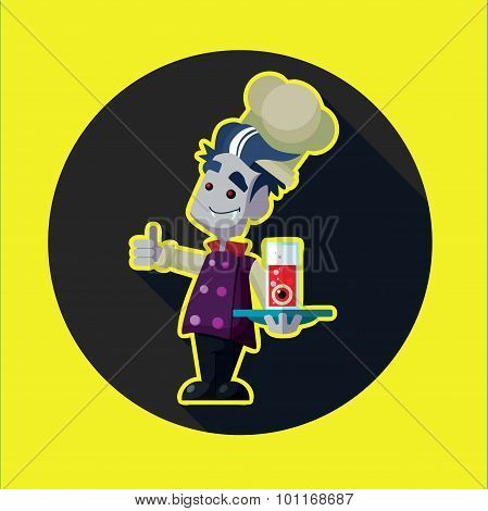 Round Flat Vector Icon With Vampire Cook And Kitchenware For Hal
