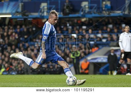 LONDON, ENGLAND. 06 DECEMBER 2011. Chelsea's Portuguese midfielder Raul Meireles in action during the UEFA Champions League match between Chelsea and Valencia from Spain, played at Stamford Bridge.