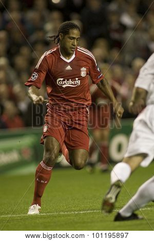 LIVERPOOL ENGLAND. 16 SEPTEMBER 2009. Glen Johnson playing in the Champions League Group E, match between Liverpool FC and Debreceni VSC at Anfield.