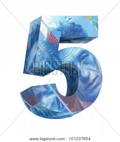 Number from swiss franc bill alphabet set isolated over white. Computer generated 3D photo rendering.