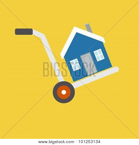 House is on a cart, symbolizing the sale, rental, moving or trai
