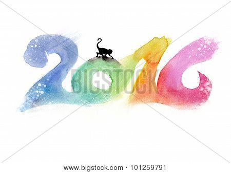 2016 Watercolor Painting. Chinese Horoscope 2016 - Year Of The Monkey