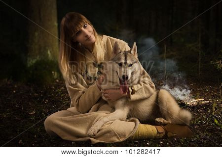 Slavonian Girl And Siberian Husky In The Deep Forest