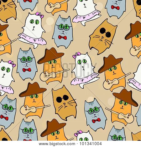 Seamless Pattern With Different Cute Cats.