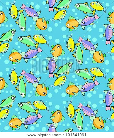 Seamless Pattern With Fish In Cartoon Style.