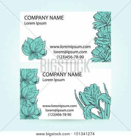 Two Business Cards With Hand Painted Sketch Flowers.