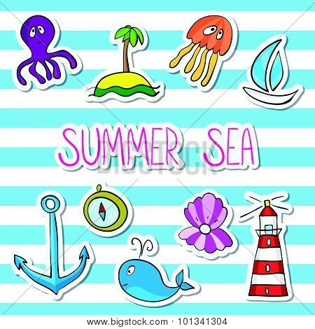 Sticker Set Of Whale, Boat, Island, Anchor, Octopus, Jelifish, Lighthouse Painted In Cartoon Style W