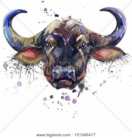 buffalo T-shirt graphics,  African animals buffalo illustration with splash watercolor textured back