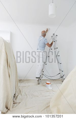 Man On Ladder Decorating Domestic Room With Paint Brush