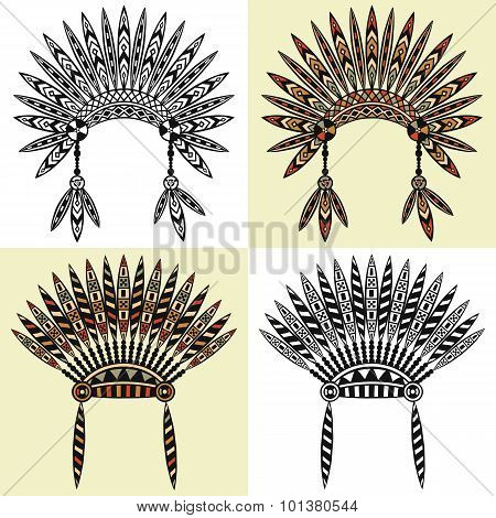set of four native american head wear with ethnic ornament