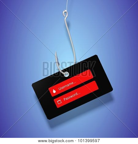 Fishing hook on blue background(screen) with username and password tag, isolated on white background