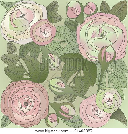 Floral Design,pastel pink Roses on green background