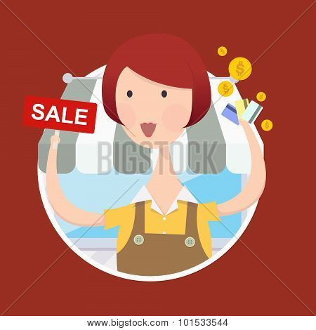 Woman working  with sale sign