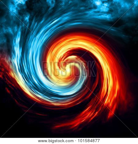 Fire And Ice Abstract  Background. Red And Blue Smoke Swirl On Dark Background