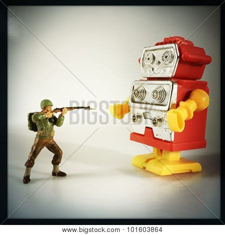 Vintage style Toy Soldier shooting at retro plastic robot - Instagram filtered 