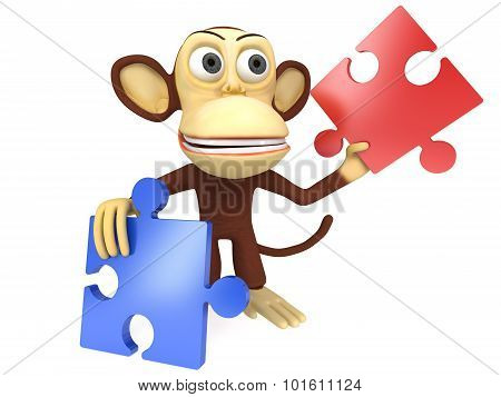 3D Cute Monkey With Red And Blue Puzzle Pieces