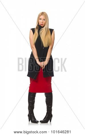 Pretty young girl in bordo skirt isolated on white