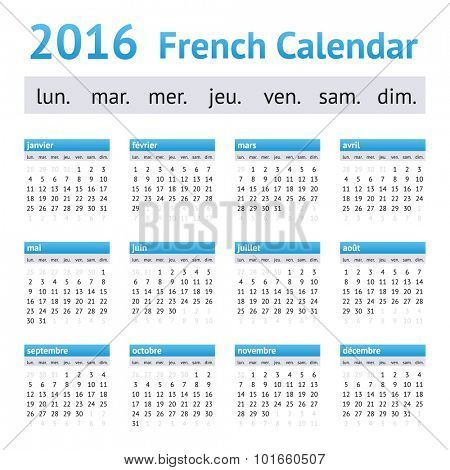2016 French European Calendar. Week starts on Monday