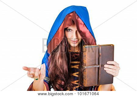 Beautiful Young Halloween Witch Old Magical Book