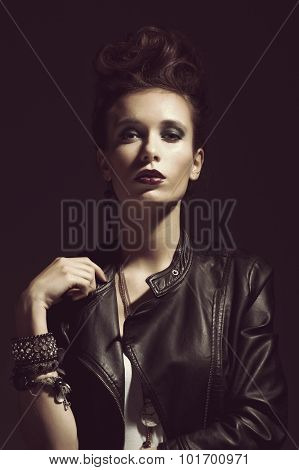 Fashion Rocker Style Model Girl Portrait. Hairstyle. Rocker Or Punk Woman Makeup, Hairdo And Accesso