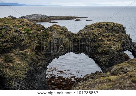 Volcanic laval rock formations along the coast line of Iceland