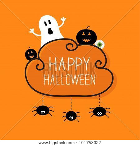 Ghost, Pumpkin, Eyeball, Three Hanging Spiders. Happy Halloween Card. Cloud Frame Orange Background