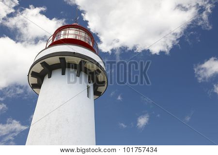 Red And White Lighthouse In Topo, Sao Jorge, Azores. Portugal