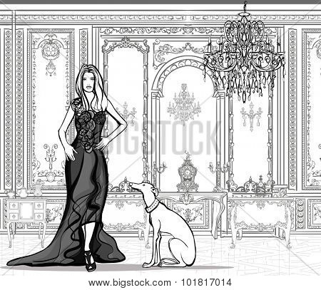 Woman in a palace with a greyhound - vector illustration