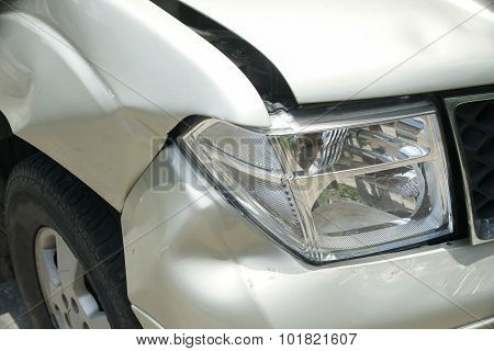 A Dent On The Right Front Of A Pickup Truck (damage From Crash Accident)