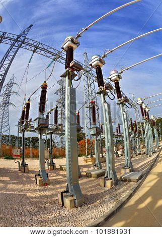 High voltage switchyard in fisheye perspective