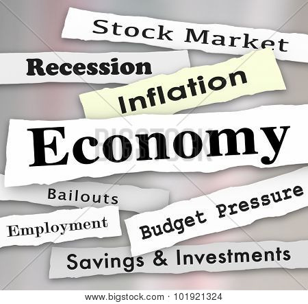 Economy headlines with words stock market, savings, investment, financial, bailout, recession, employement and more as special important reports or messages