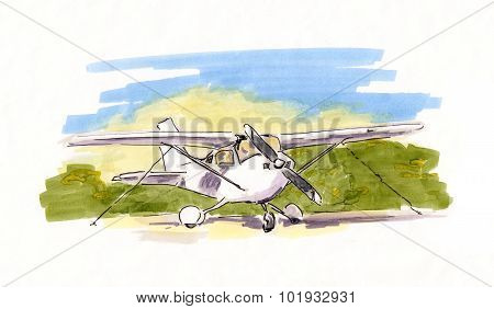 Hand painted sketch of small propeller plane