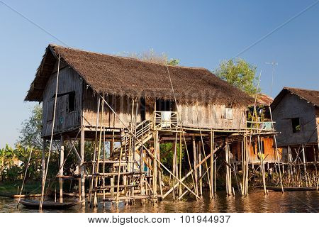 Floating Village Houses In Inle Lake, Myanmar