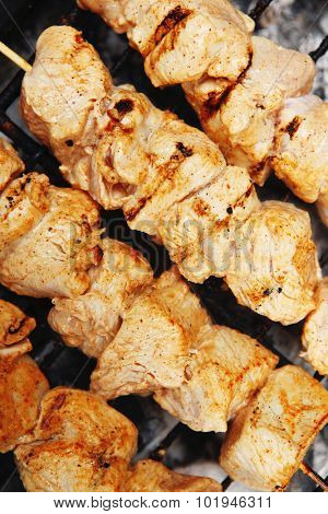 fresh raw chicken turkey shish kebab on skewers on grid over charcoal spread with sauce and coated with red hot chili pepper