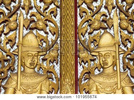 Gate Of Buddhism Temple With  Golden Soldier Sculpture  Decoration