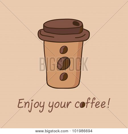 Cartoon cup of coffee with lid , hand drawn coffee cup icon with coffee beans