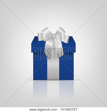 Blue square gift box with silver ribbon and bow