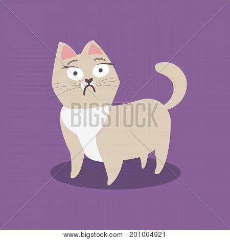Scared little beige cat on violet background. Vector illustration