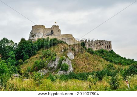 Beautiful castle ruins on the hill. Ruins of the castle on the Jurassic hill in Rabsztyn in Poland.