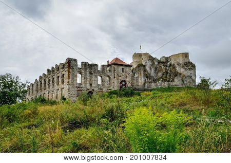 Beautiful castle ruins on the hill. Ruins of the castle on the Jurassic hill in Rabsztyn in Poland.