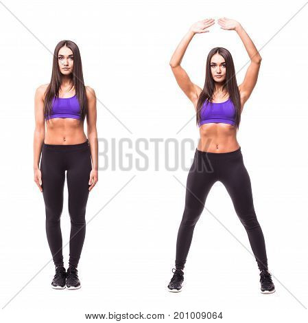 Sport Beauty Woman Do Jumping Jacks Fitness Exercises On White Background. Woman Demonstrate Begin A